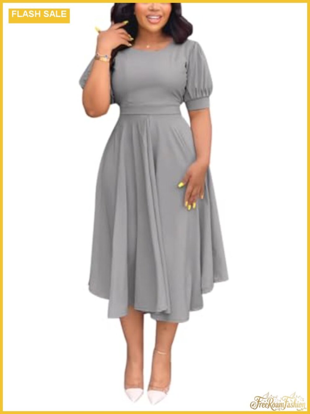 Puff Sleeve A-Line Midi Church Dress for Women Semi Formal Wedding Guest